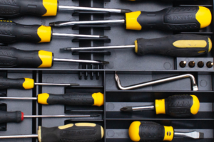 Closeup of screwdrivers in screwdriver organizer